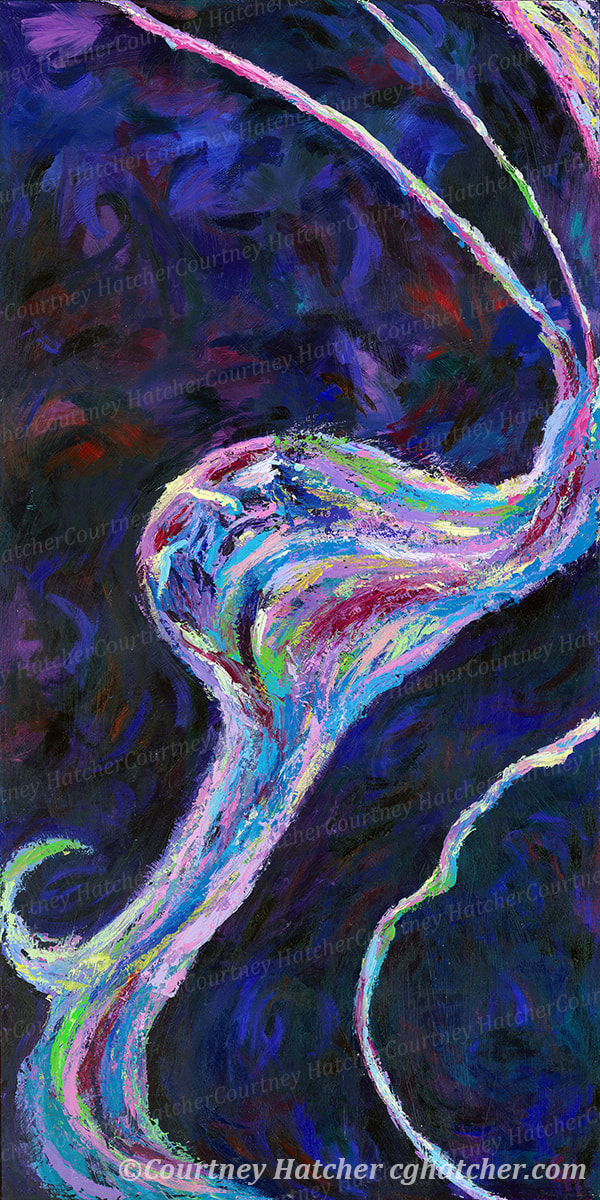 Conversion is a painting of a person just beginning to form in an abstract landscape of texture and brilliant color. By Courtney Hatcher, Abstract Artist. Emotional expression, texture and movement. Turning from one form into another.