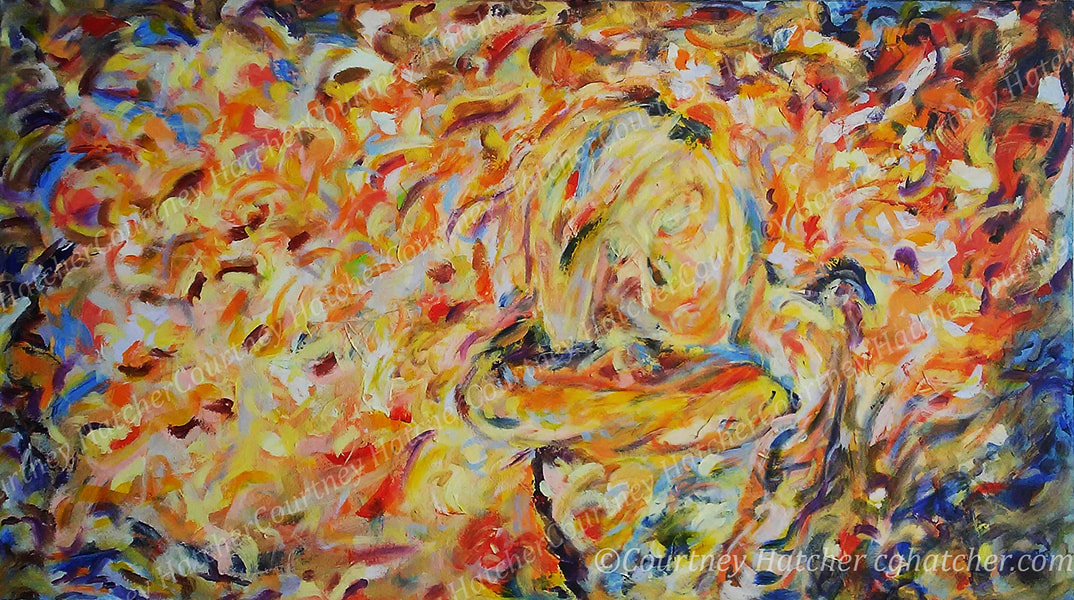 Cosmos, dynamic acrylic painting, yellow and orange tones, by Courtney Hatcher.  Abstract artist, gesture and expression. Representing the boundless vision of our internal landscapes and our deep connection to the universe. 