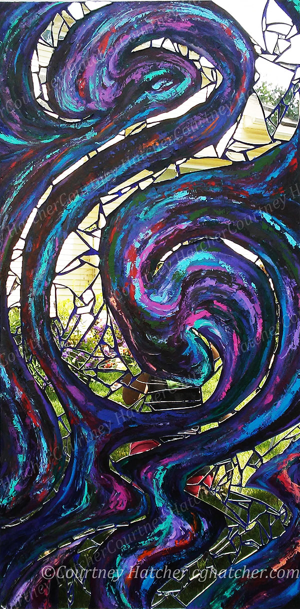 Drift a mixed media painting by Courtney Hatcher. Palette knife painting. Swirls of blue, purple, green and red. Shattered mirror tiles collaged among the painting. Large abstract mixed media landscape. Bright, beautiful colors.