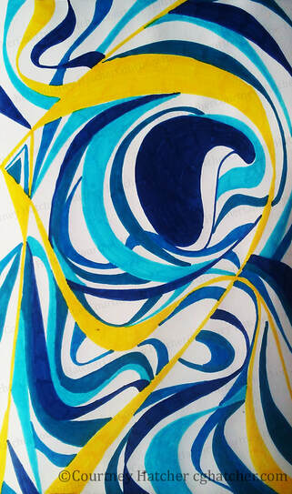 Abstract line drawing by Courtney Hatcher. Ink in blues and yellow in swirling colors and organic shapes.
