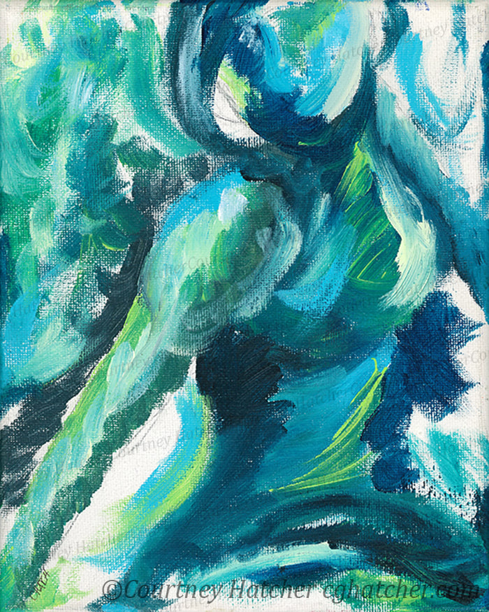Listen, an abstract gesture painting by Courtney Hatcher. Expressive brushstrokes and dynamic movement. Female figure art. Teal, turquoise, blue and lime green. A need to pay attention in the moment. Don't let worry over the future make you miss what is right in front of you.