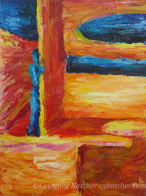 Architectural painting by abstract artist Courtney Hatcher. Lonely Boy, painted with the palette knife. Desolate landscape, sensation of loneliness, bravery to come out of the shadows. Bright yellow, orange, red with blue.