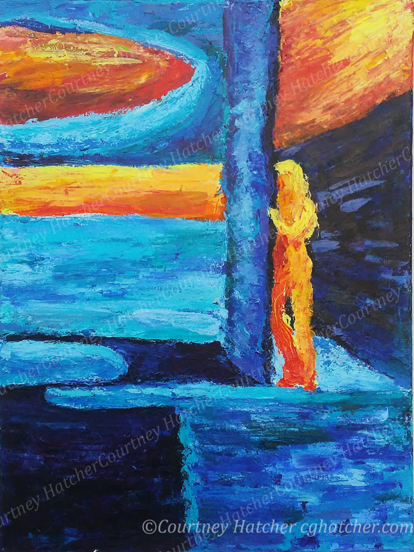 Abstract emotional painting by C. G. Hatcher. Palette knife, thick texture, bold electric blues with fiery reds and oranges. Cold stark architecture with a blazing figure emerging around a corner. Loneliness with hope. 