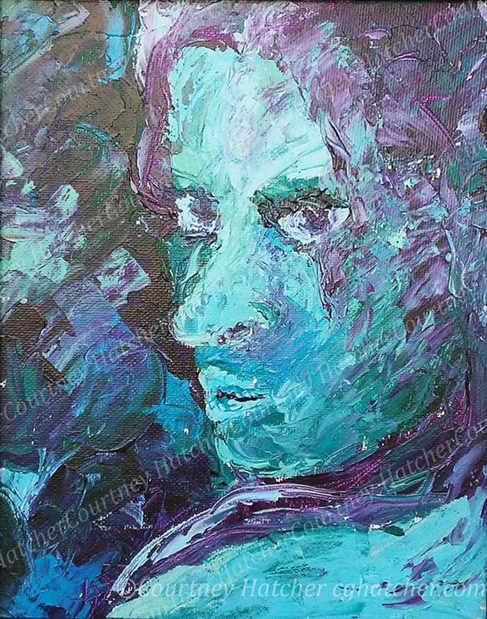 Secret, a palette knife painting by Courtney Hatcher. Cool blues and purples. Self-portrait. Things hidden, the unknown. Unshared thoughts. Keeping your own confidence.