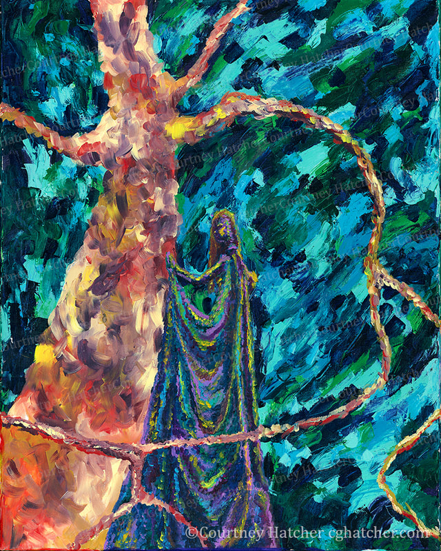 By Courtney Hatcher. Synthesis, abstract acrylic painting, female figure entwined with a tree. Desolate, large landscape. Connection to your environment. A person's energy reflected within their environment.