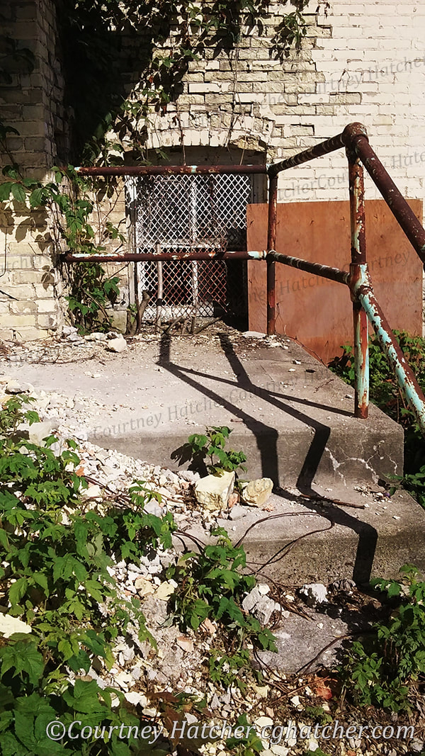 Architectural photography by Courtney Hatcher.  An abandoned stairway. Nature and man-made structure blending together.
