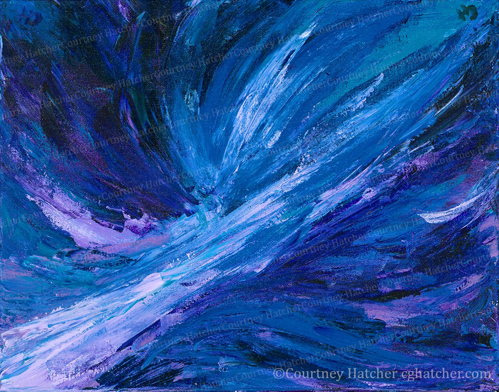 Abstract acrylic landscape painting. By Courtney Hatcher. Expressive strokes using the palette knife to create a sense of movement and strong emotion. Blues and purples give the sensation of water or of the cosmos. An emotion or consequence reaching its peak.