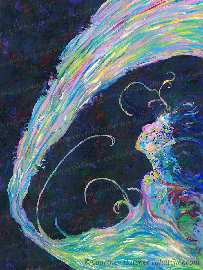 "Becoming" a large acrylic painting by abstract artist Courtney Hatcher.  Thoughts escaping the darkness, a bright swirl of color transforming into a beautiful woman against a  dark textured background.