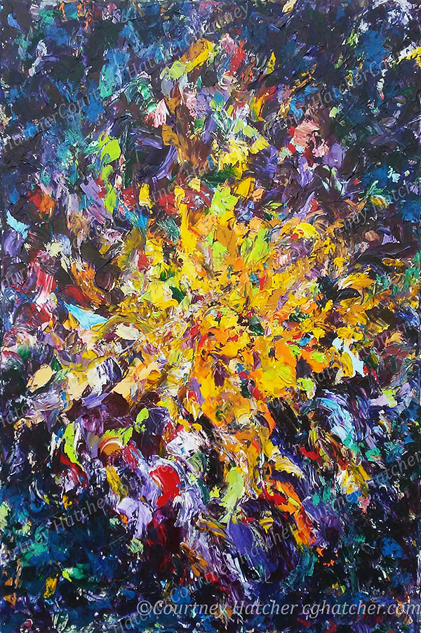 Burst, an abstract acrylic painting. By Courtney Hatcher. Thick application of the paint with the palette knife. A burst of bright yellows and oranges in the center of the painting. Surrounded by a background of purples and blues. Excitement. Explosive emotion. Energy that cannot be contained. Abstract floral art. 