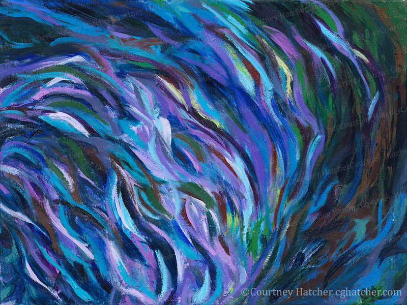 "Cascade" by Courtney Hatcher. An acrylic painting using expressive, loose, brushstrokes. Vibrant blues, greens and dark reds. Represents flowing movement and the repetition of one thing into another. Abstract water.