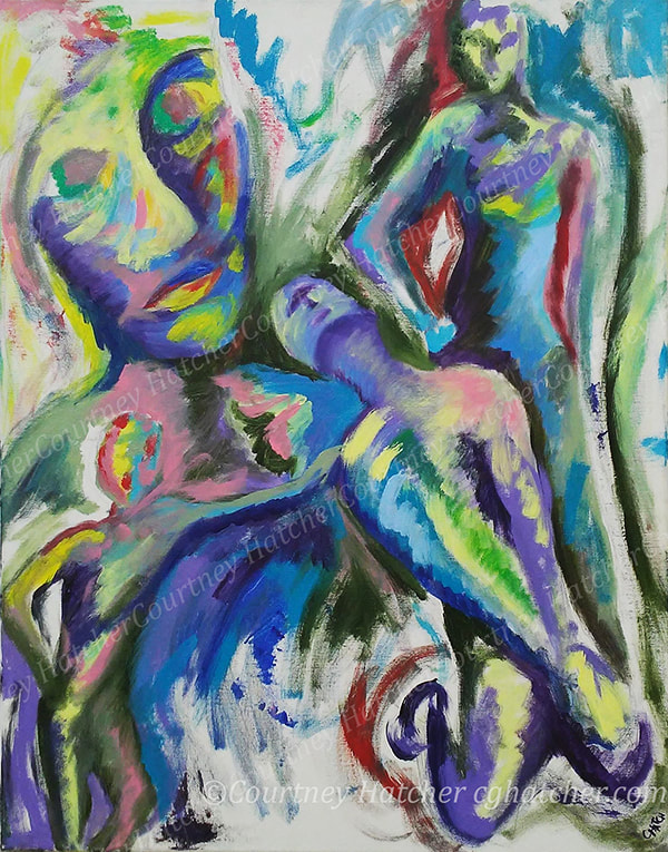 Catharsis by Courtney Hatcher. Gesture painting of four figures, three surrounding one. Primary colors and expressive movement. Gestural abstraction. A need for release. Expressing pent up emotions. A build up of emotion.