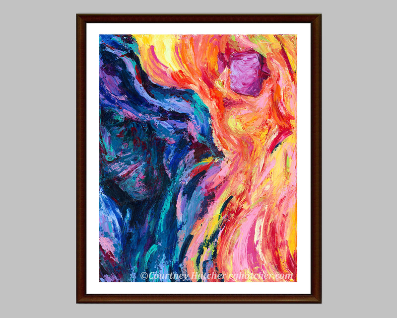 Dichotomy by Courtney Hatcher. Abstract painting print. Abstract portrait art, orange and blue art print, bright giclee print, expressive art home decor, colorful palette knife art.