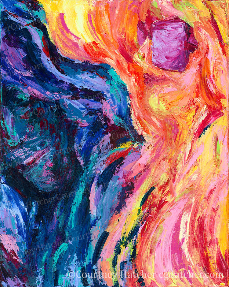 Dichotomy, abstract acrylic painting. Two figures painted with the palette knife, by Courtney Hatcher. Warm colors vs cool colors show the dueling sides of a personality.