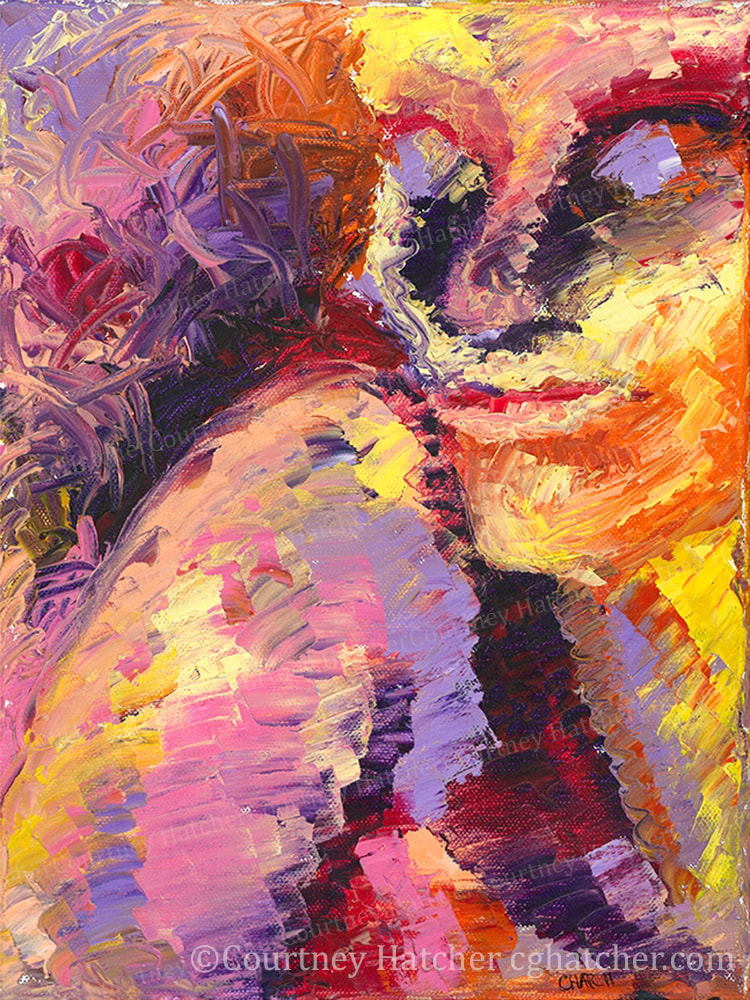 Expressive palette knife painting by C. G. Hatcher. Oil on canvas. Abstract portrait art using bold color and dynamic texture. Bright reds, oranges, yellows and hints of purple. Discreet is a painting that expresses the individual keeping her own council, knowing more than you share.
