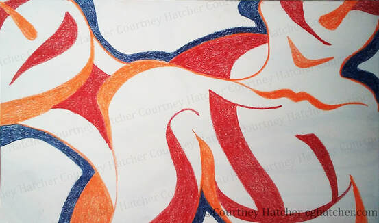 Blue, red and orange colored pencil drawing of two abstract figures.  Courtney Hatcher uses organic shapes layered to represent the figure.