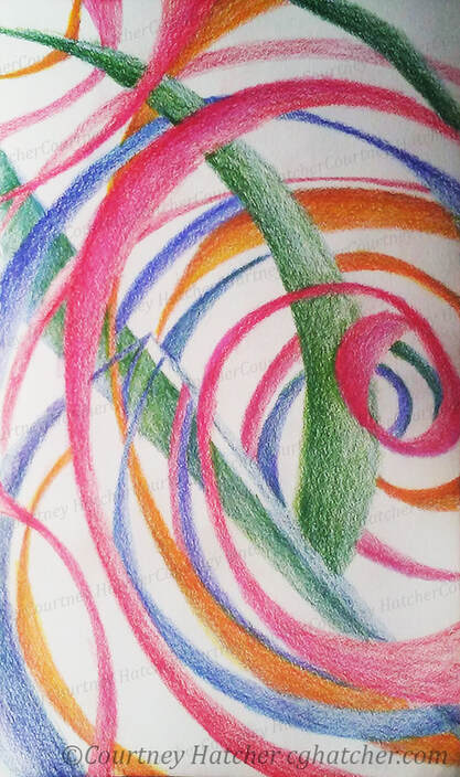 Colorful layered drawing by Courtney Hatcher. Colored Pencil used to create movement and organic composition.