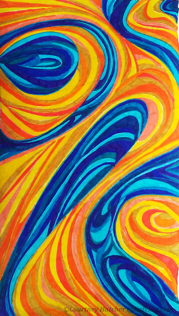 Expansion and flow. Abstract line drawing by Courtney Hatcher. Vibrant color, blues, yellows and orange. Organic shapes and swirls. Movement and expression.