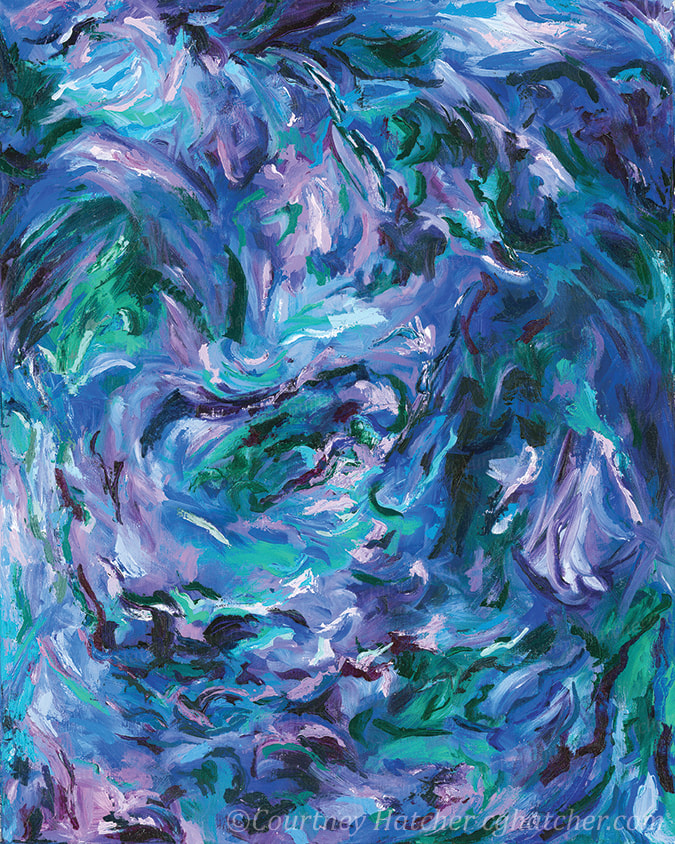 Abstract gesture painting by C. G. Hatcher.  Utilizing expressive brushstrokes and cool colors. Vibrant purples, teals and blues. A male figure being devoured by an environment of his own creation.