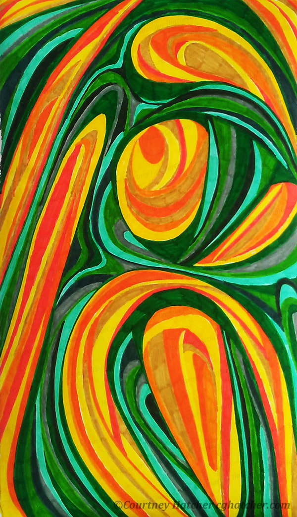 Abstract ink drawing by Courtney Hatcher. Flicker. Organic line drawing. Yellow, orange, green. Expressive abstract drawing. Sketch, doodle. Flickering light.