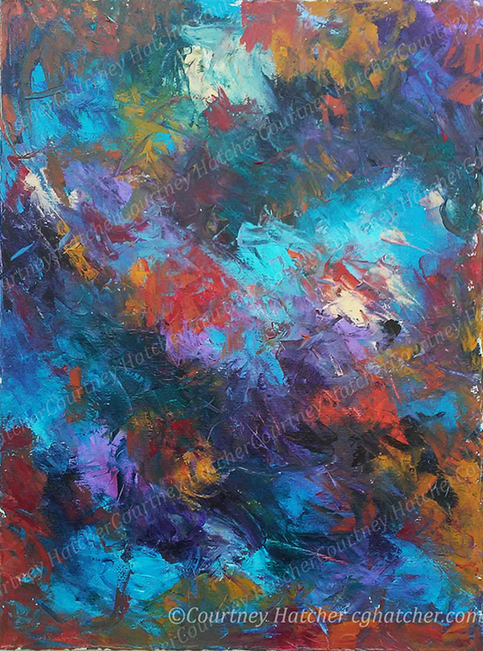 Harvest, rewards from efforts expended. Abstract expressive painting by Courtney Hatcher. Bright blues with scattered hints of orange and red. Layered texture and color creates a sense of depth and movement.
