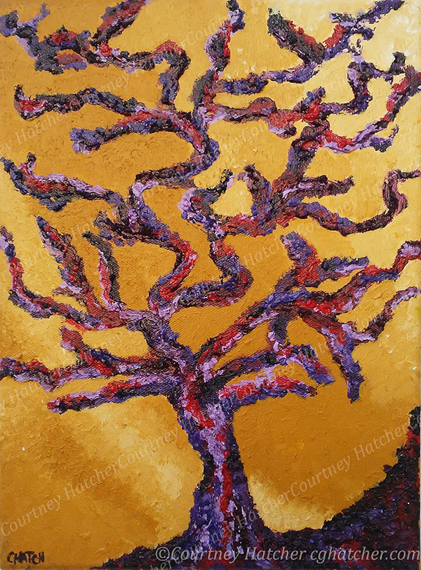 Abstract tree art. Purple tree by Courtney Hatcher. Purple and red branches. Ochre sky. Twilight. The silence between dark and light. The stillness between moments.