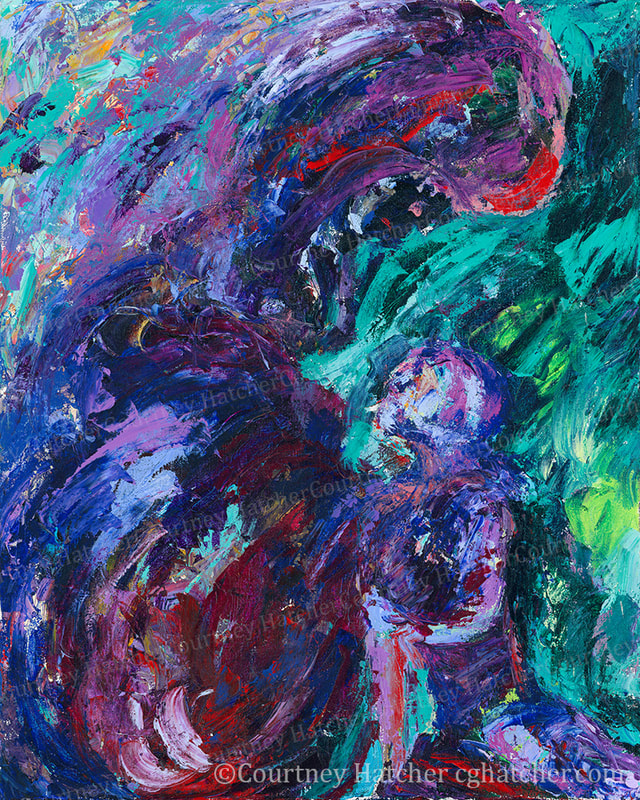 "Impediment" Acrylic painting on canvas by Courtney Hatcher. Painted with the palette knife. Two figures representing obstacles and protection. Vibrant color. Purples and turquoise. 