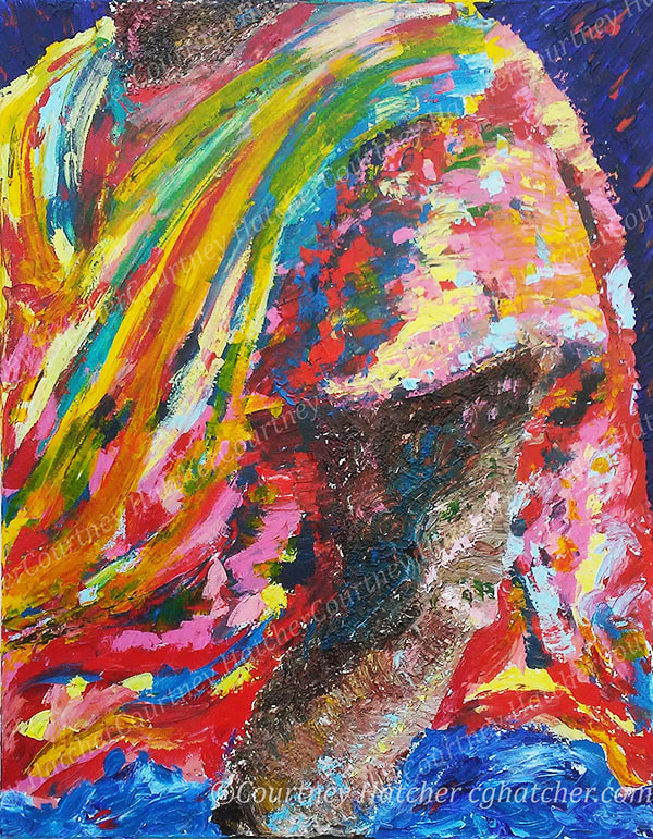 A palette knife painting by Courtney Hatcher. Abstract acrylic painting on canvas. Textured. Bright colors. Primary colors. Male figure painting. Expansion and increase. To appear larger. 