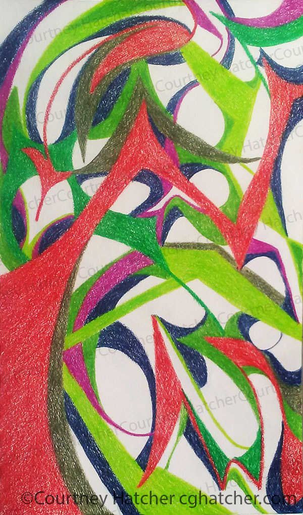 Sharp angles and curved lines layered together to create harmonious organic imagery. Red, green and blue colored pencil drawing by cghatcher.