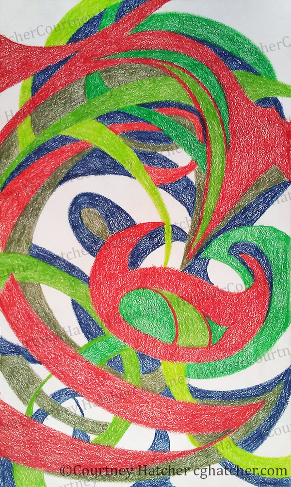 Organic shapes layered to express emotion.  By Courtney Hatcher, Abstract Artist, Colored Pencil on paper, Red, Green and Blue,  