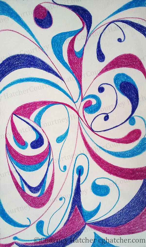 Organic color pencil drawing, by Courtney Hatcher. Swirling lines and shapes in blue and fuchsia. Tracing the path of thought.