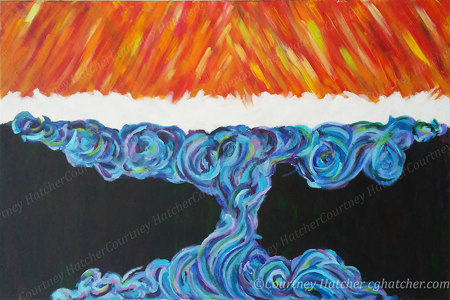 Build up of pressure. Abstract acrylic painting by Courtney Hatcher. Elemental. Water and fire. Boundaries being tested. Bright blues and reds with yellow. Flowing movement contrasts aggressive movement.