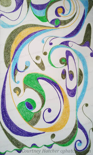 Organic Line drawing in blue, green and yellow. colored pencil sketch. C. G. Hatcher Art