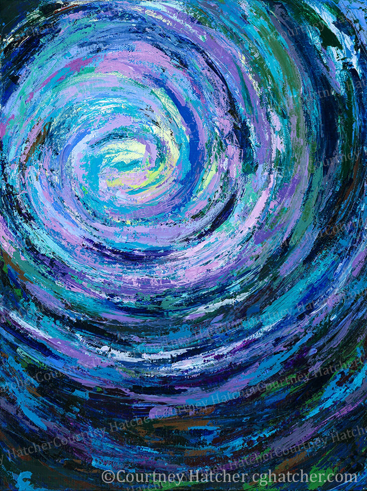 "Radiate" by C. G. Hatcher, abstract acrylic painting in cool blues and purples, ripples of texture radiating out from a central point.