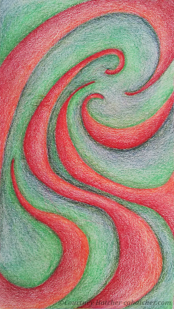 Colored pencil drawing by Courtney Hatcher. Restless. Colorful swirl drawing. Bold, vibrant colors, sketching. Red, blue, green. Sketch everyday.