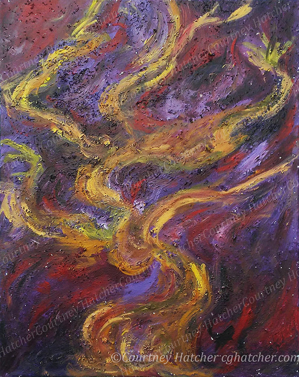 An abstract expressive painting by Courtney Hatcher. Abstract tree. Flowing movement, rhythm. Dancing flames. Purple and red with yellow. Contemporary landscape art. Modern nature art.