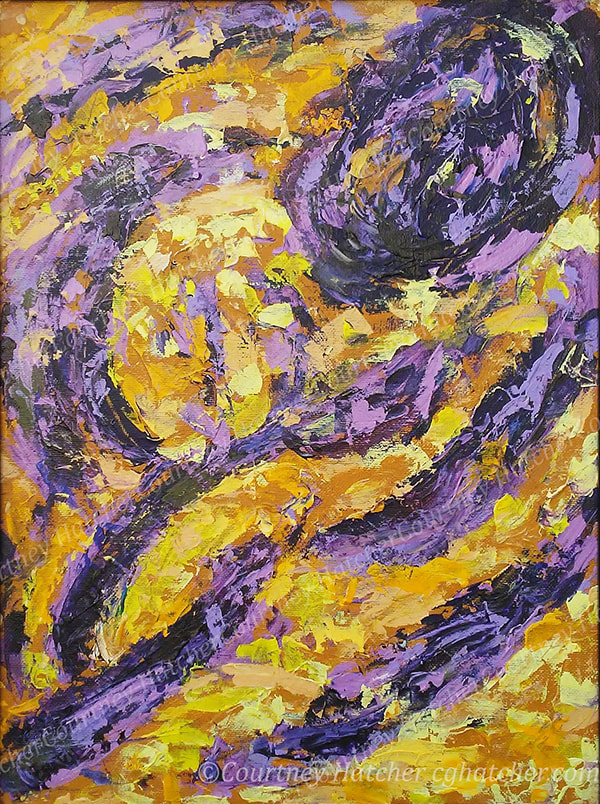 "Shift" an acrylic painting by C. G. Hatcher.  Vibrant purples and yellows applied generously with a palette knife. Movement and change.