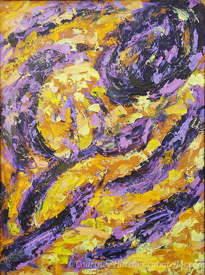 Shift, an abstract palette knife painting by Courtney Hatcher. Yellows and purples create an abstract landscape. Movement and change. Never ending cycles. 