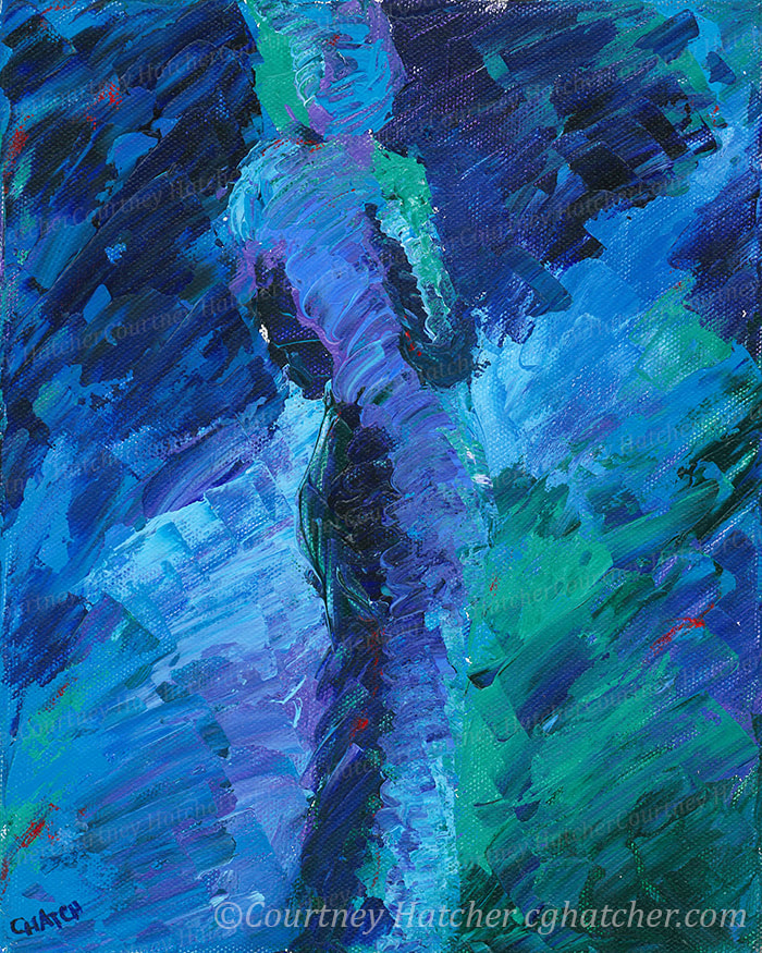 Abstract acrylic painting by Courtney Hatcher. Palette knife painting using blues and greens with touches of purple. Female figure glancing over her shoulder. Calm, peaceful solitude. Clarity is found in the stillness.