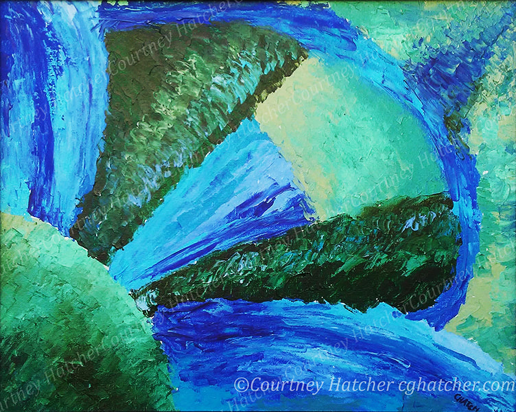 Abstract geometric and organic forms. Acrylic painting by Courtney Hatcher. Palette knife painting. Flow and movement. The reverberation of sound. Strength. Cool blue and green. 