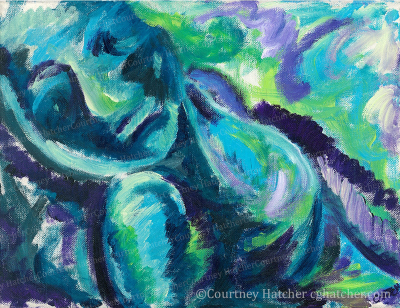 Acrylic painting by Courtney Hatcher, Spiral. Female figure in cool tones. Abstract expressive gesture. Brushstrokes create movement. The sensation of falling. An increase in momentum for good or bad. Unable to slow or stop.