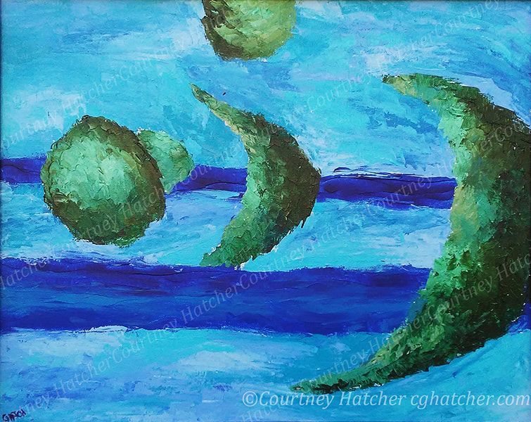 Abstract acrylic painting by Courtney Hatcher. Palette knife painting in blue and green. Abstract geometric shapes suspended in space. 