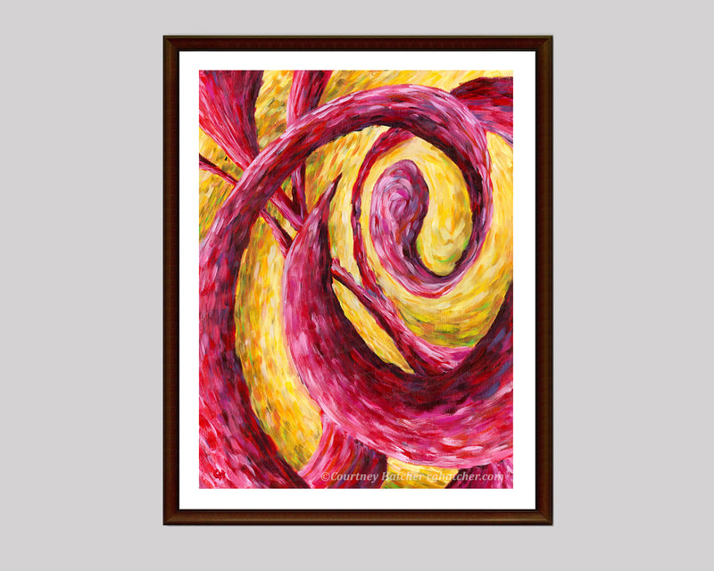 Tangle by Courtney Hatcher. Abstract painting print. Vibrant art print, giclee, abstract color art, expressive landscape, red, yellow, colorful swirls, abstract shapes.  Home decor and styling.