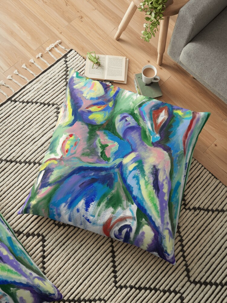 Catharsis by Courtney Hatcher. Abstract art on a floor pillow. Expressive art. Colorful home decor. Contemporary figure painting.